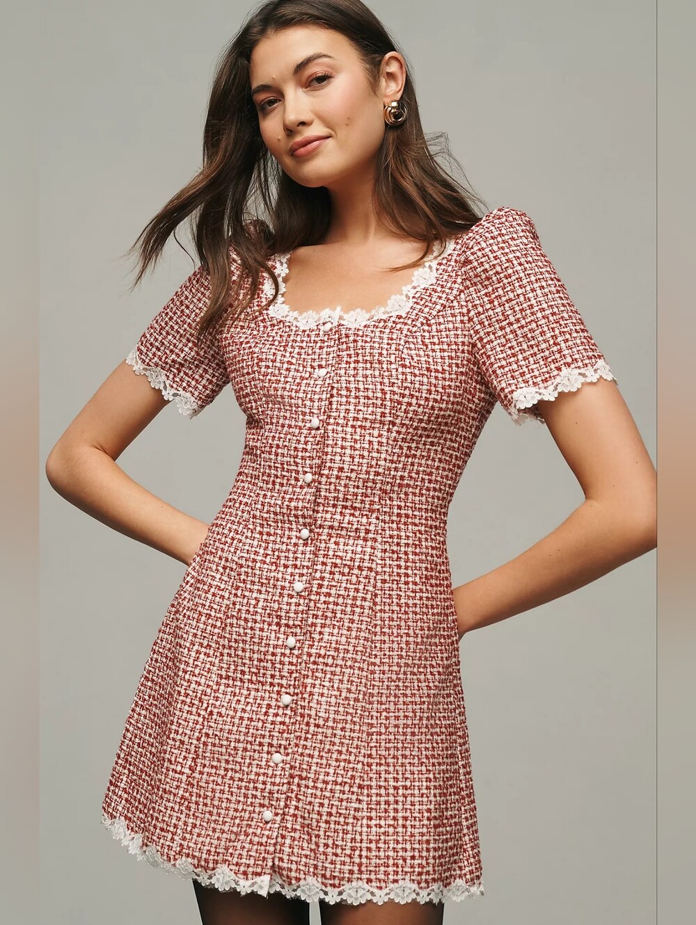 Reformation Anabella Red Tweed Check Button Front Mini Dress - Size 10